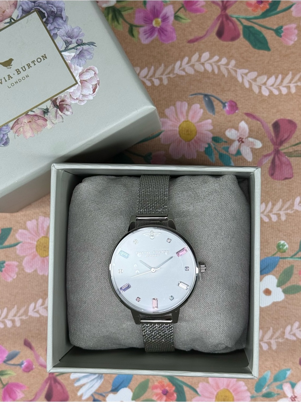 OLIVIA BURTON Silver Mesh Watch with Pastel Crystal Markers